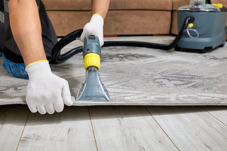 Close-up shot of a professional carpet cleaning in an expansive living room with a person using a vacuum cleaner. The room is well-lit and shows the carpet being deep cleaned.