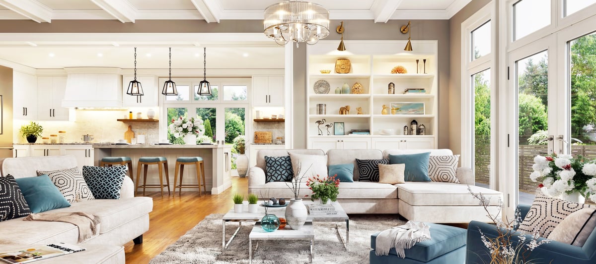 Open plan living room with large kitchen