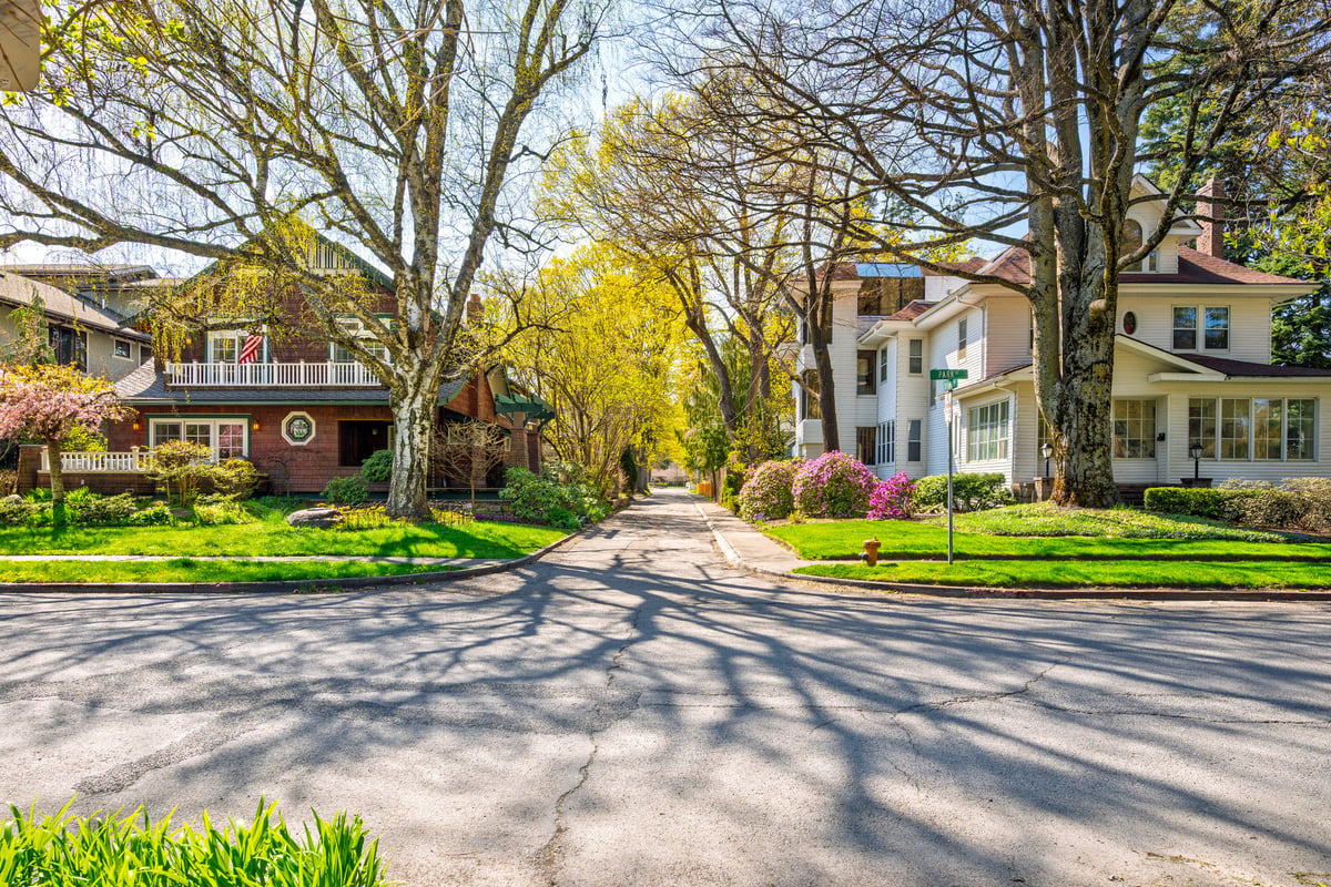 Picturesque tree lined streets at early Spring in the historic district