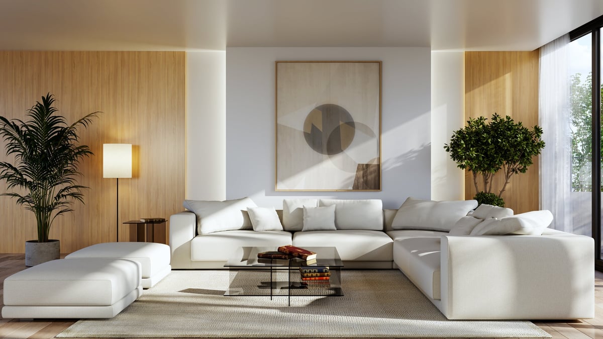 Large luxury modern bright interiors Living room mockup illustration