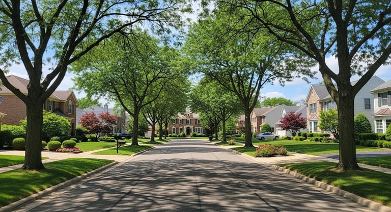 Tree-lined residential street with brick homes, manicured lawns, and clear sky in Glen Ellyn, Illinois